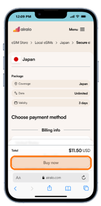 Airalo Promo Code 2026: Get 15% Off With ESIMADVICE15 (Verified Codes) 13 Airalo Japan eSIM checkout with Buy now button