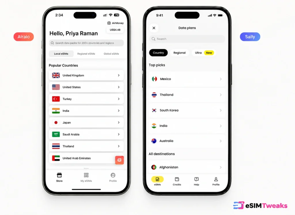Airalo vs Saily 2026: 6 Countries, Real eSIM Results 4 Airalo and Saily eSIM destination selection screens