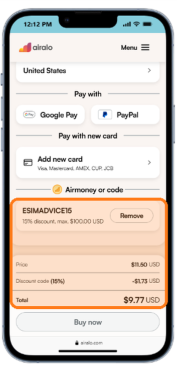 Airalo Promo Code 2026: Get 15% Off With ESIMADVICE15 (Verified Codes) 15 Airalo checkout showing 15 percent discount and final total