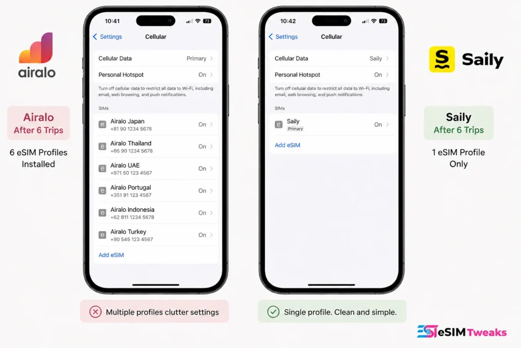 Airalo vs Saily 2026: 6 Countries, Real eSIM Results 9 Airalo eSIM profile clutter compared with Saily single-profile setup on iPhone