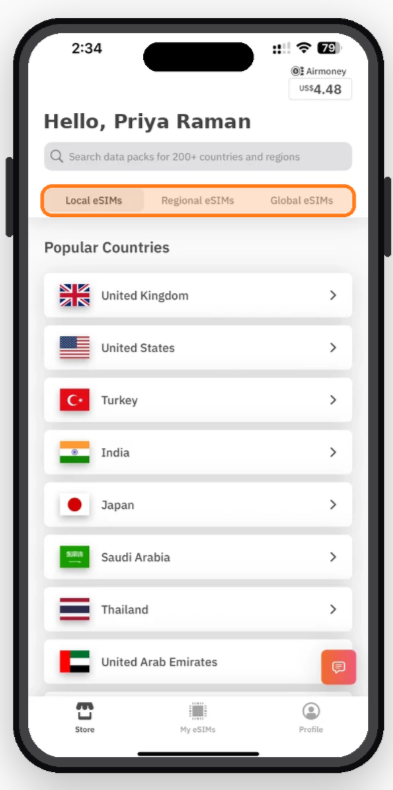 Airalo Promo Code 2026: Get 15% Off With ESIMADVICE15 (Verified Codes) 12 Airalo local regional and global eSIM selection screen