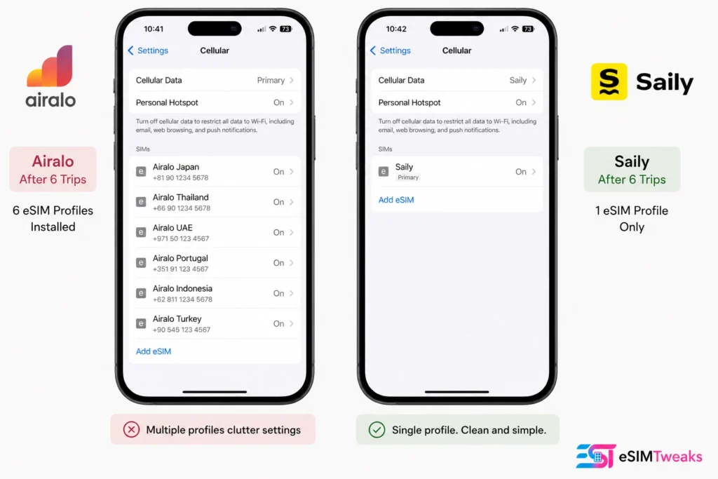 Airalo vs Saily 2026: 6 Countries, Real eSIM Results 10 Airalo multiple eSIM profiles vs single Saily eSIM on iPhone