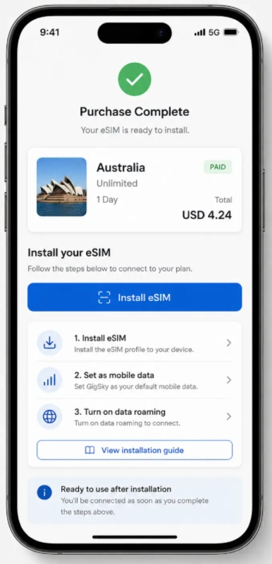GigSky Promo Code September 2026: 15% Off With ESIMADVICE15 13 GigSky Esim Purchase Complete and Ready to Install