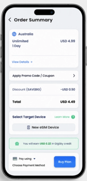 GigSky Promo Code September 2026: 15% Off With ESIMADVICE15 10 GigSky Payment Screen