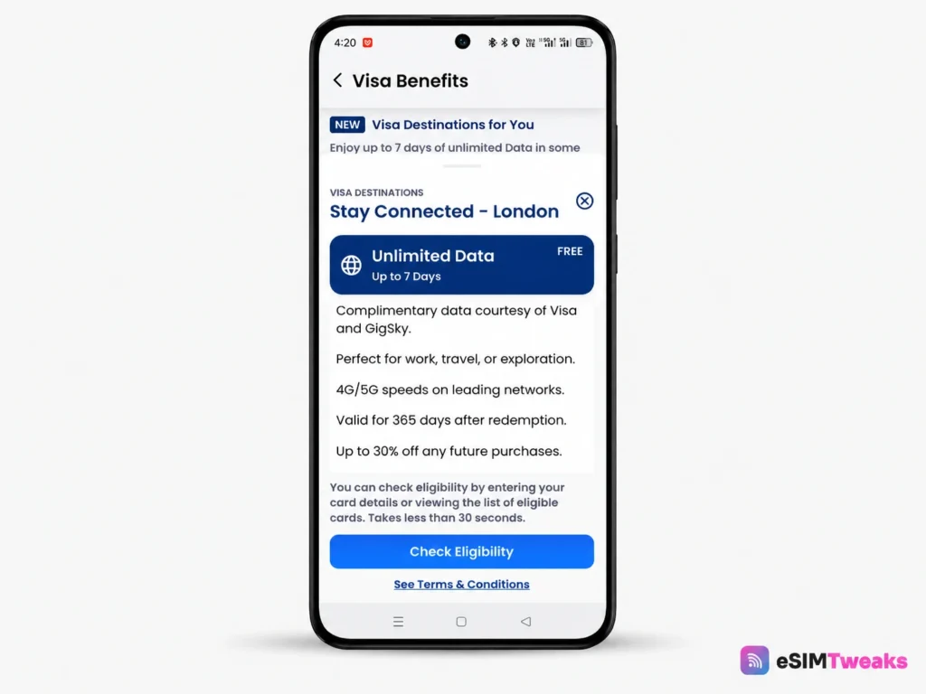 GigSky Promo Code September 2026: 15% Off With ESIMADVICE15 5 GigSky Visa benefit with 7 days free data