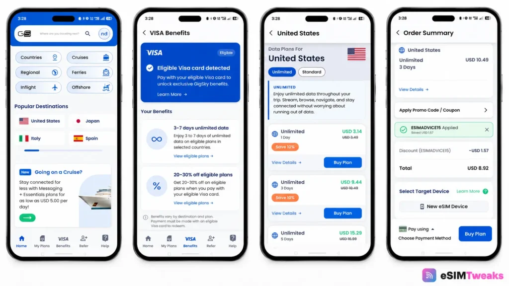 GigSky Promo Code September 2026: 15% Off With ESIMADVICE15 4 GigSky Visa benefits and ESIMADVICE15 discount