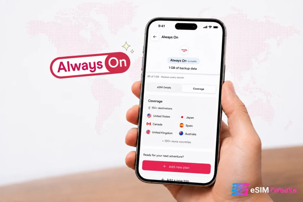 10 Best Holafly Alternatives 2026: Better & Cheaper eSIM Deals 13 Holafly Always On backup data on mobile screen