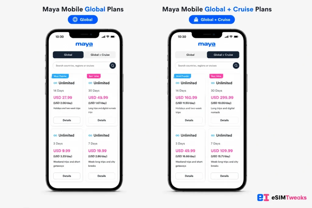 Maya Mobile Coupon Code: Get 10% OFF Every eSIM Plan 17 Maya Mobile Global and Cruise eSIM Plan Prices