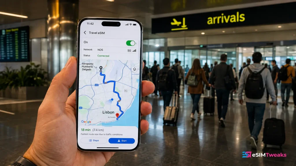 Nomad eSIM connected at Lisbon Airport arrivals with Google Maps route