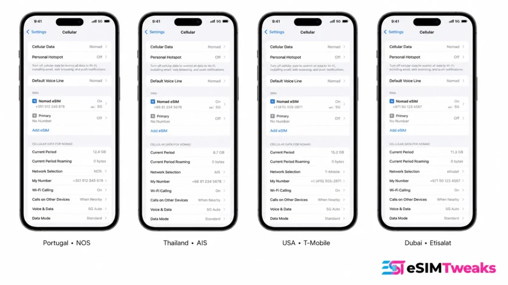 Nomad eSIM partner networks across different countries