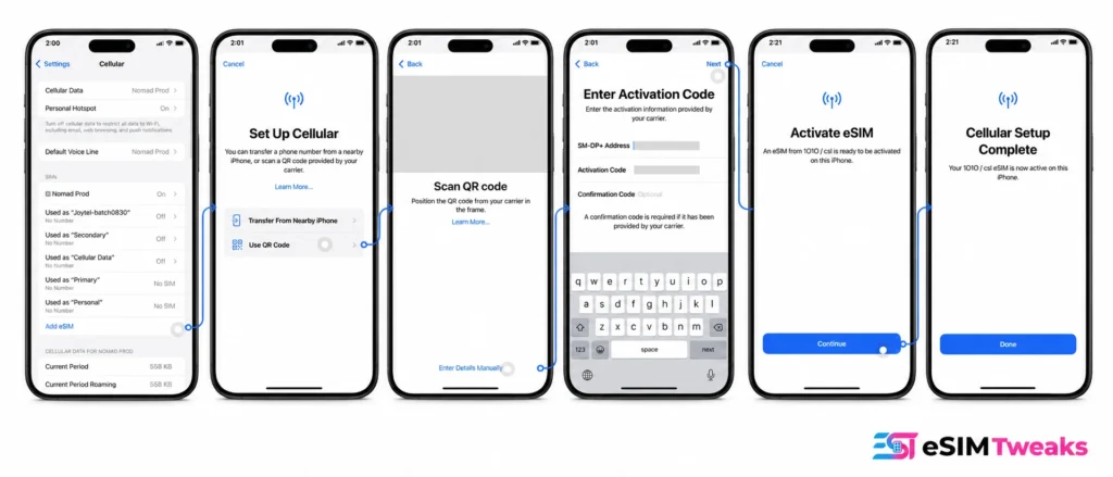 Nomad eSIM purchase, installation and activation steps on iPhone