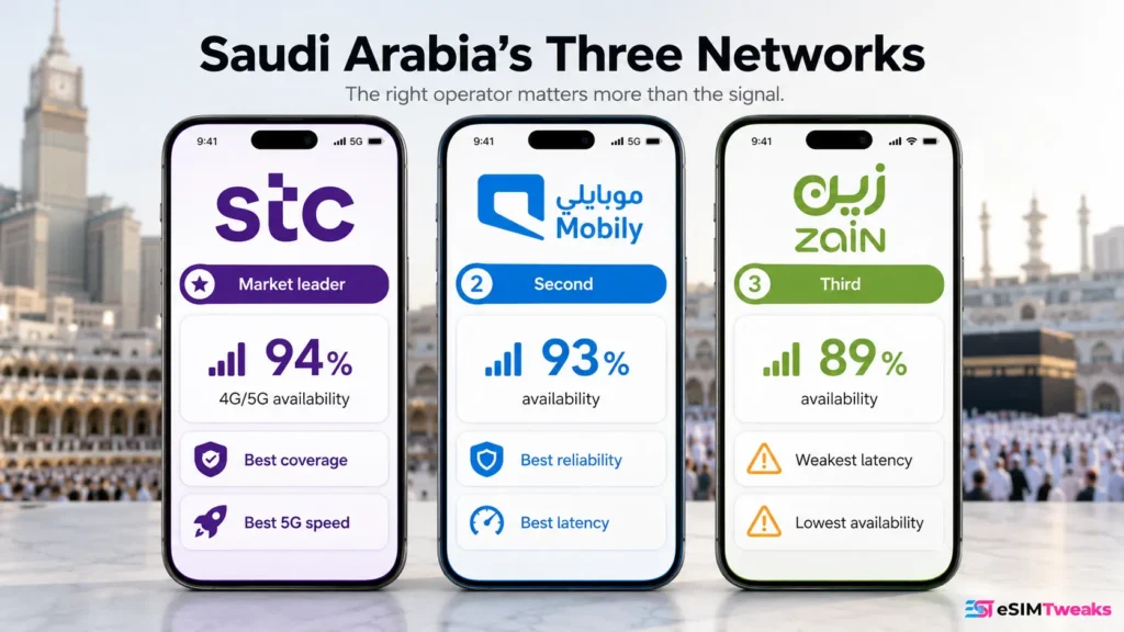 8 Best eSIM for Umrah 2026: Top Picks for Pilgrims 5 STC vs Mobily vs Zain Saudi Arabia network comparison