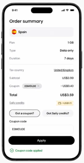 Saily Coupon Code 2026: Verified 10% Off With ESIMDUDE 20 Saily - After Application of ESIMDUDE Coupon code Discount