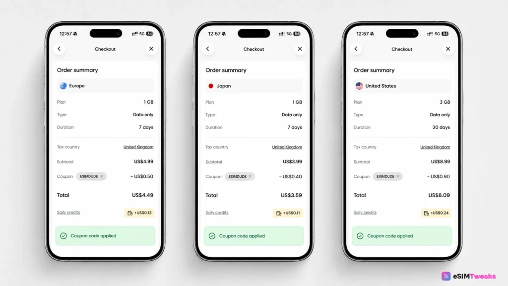 Saily Coupon Code 2026: Verified 10% Off With ESIMDUDE 13 Saily coupon code ESIMDUDE showing eSIM savings for Europe, Japan, and the United States