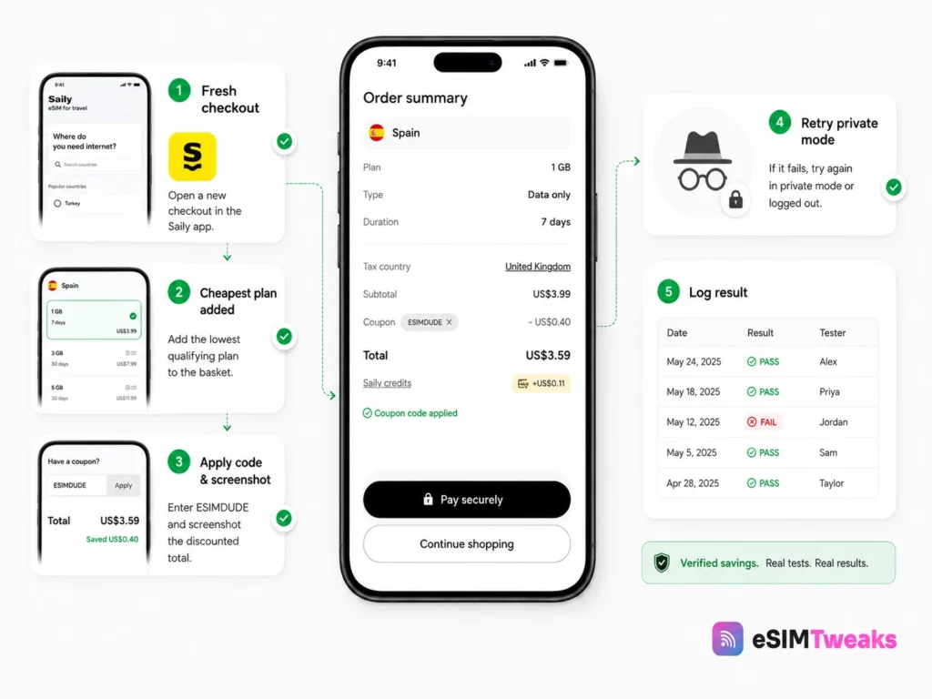 Saily Coupon Code 2026: Verified 10% Off With ESIMDUDE 14 Saily discount code verification showing tested and confirmed promo codes