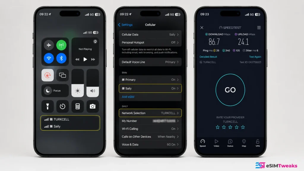 Airalo vs Saily 2026: 6 Countries, Real eSIM Results 3 Saily eSIM connected to Turkcell 5G on iPhone in Istanbul