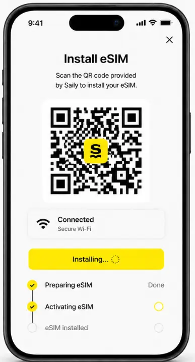 Saily Coupon Code 2026: Verified 10% Off With ESIMDUDE 21 Saily eSIM installation on iPhone using a QR code before travel