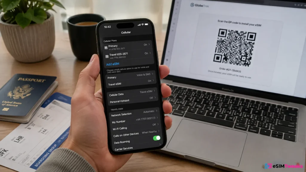 How Does an eSIM Work? A Simple Technical Guide 7 Travel eSIM setup on phone before a flight