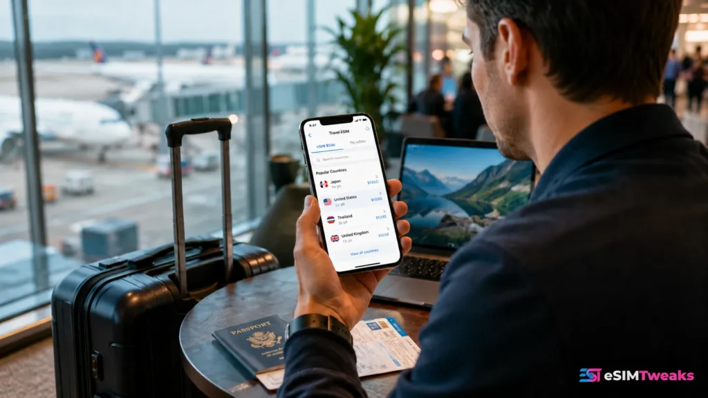 10 Best Holafly Alternatives 2026: Better & Cheaper eSIM Deals 12 Traveller checking eSIM plans at airport