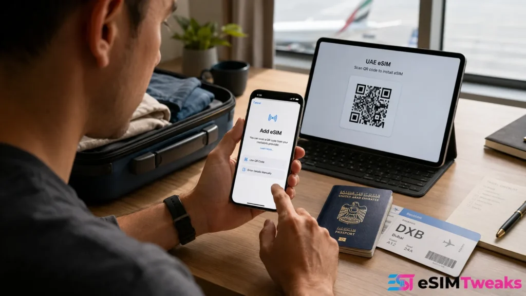 11 Best eSIM for UAE & Dubai 2026: Tested & Ranked 18 Traveller scanning a UAE eSIM QR code before flying to Dubai