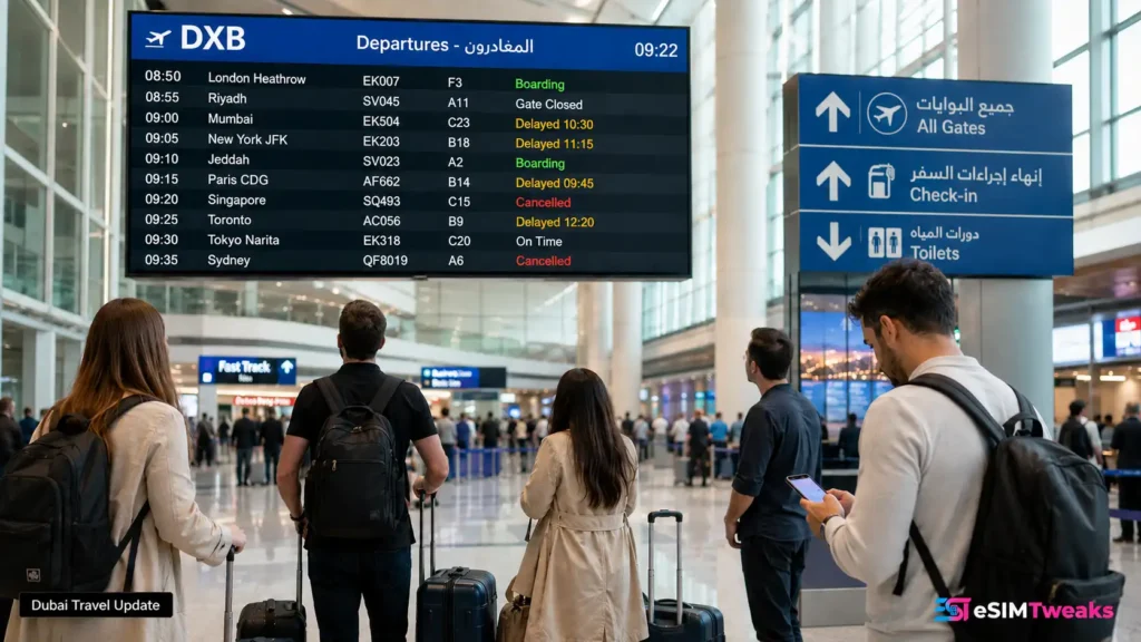 11 Best eSIM for UAE & Dubai 2026: Tested & Ranked 16 Travellers checking Dubai Airport flight delays and cancellations