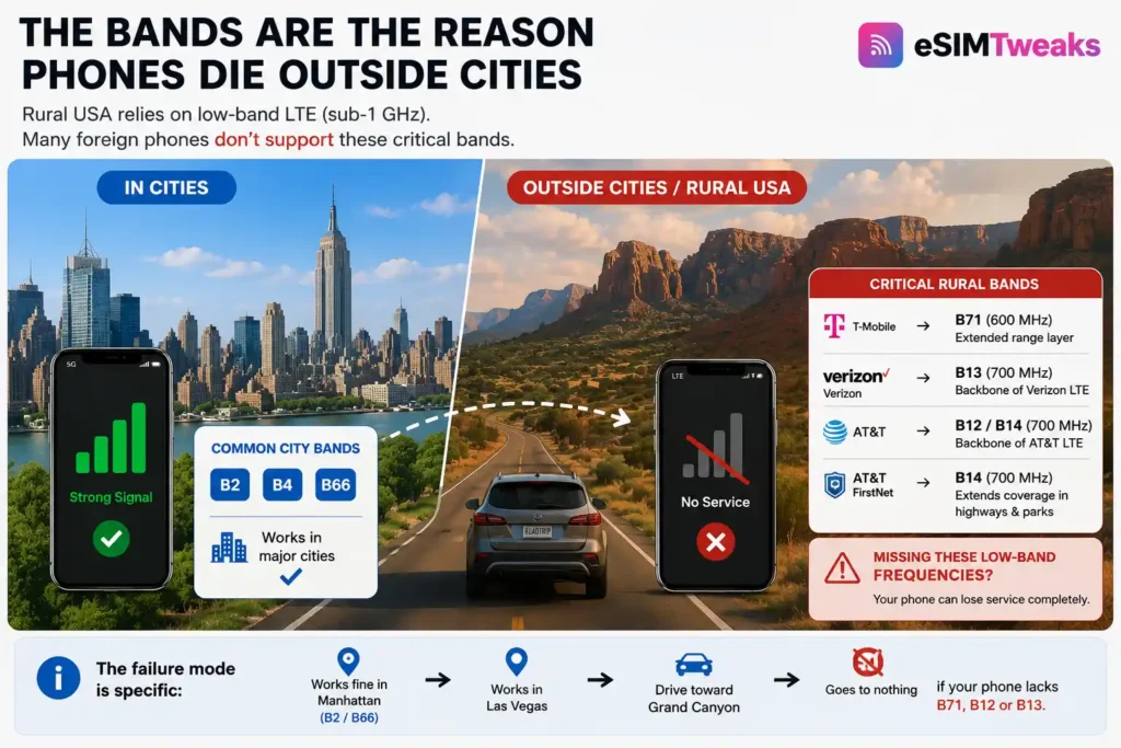 USA mobile network band city vs rural