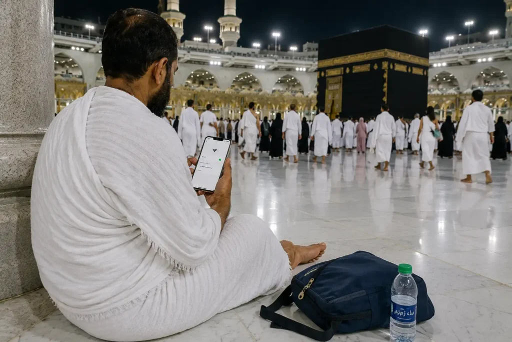 8 Best eSIM for Umrah 2026: Top Picks for Pilgrims 6 Umrah pilgrim checking WiFi near the Kaaba