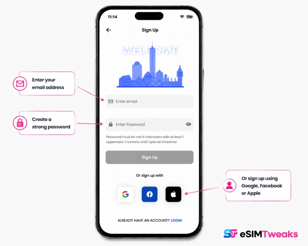Create aloSIM account using email and password