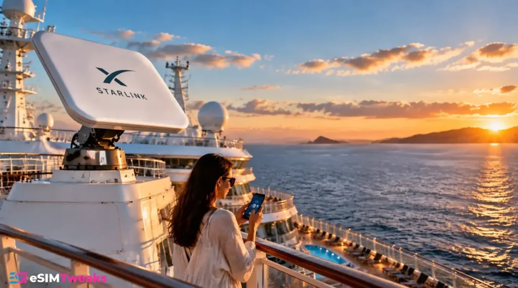Cruise ship Starlink antenna providing internet connectivity at sea
