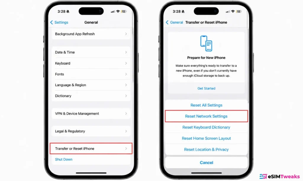 Fix Saily eSIM by resetting network settings on iPhone