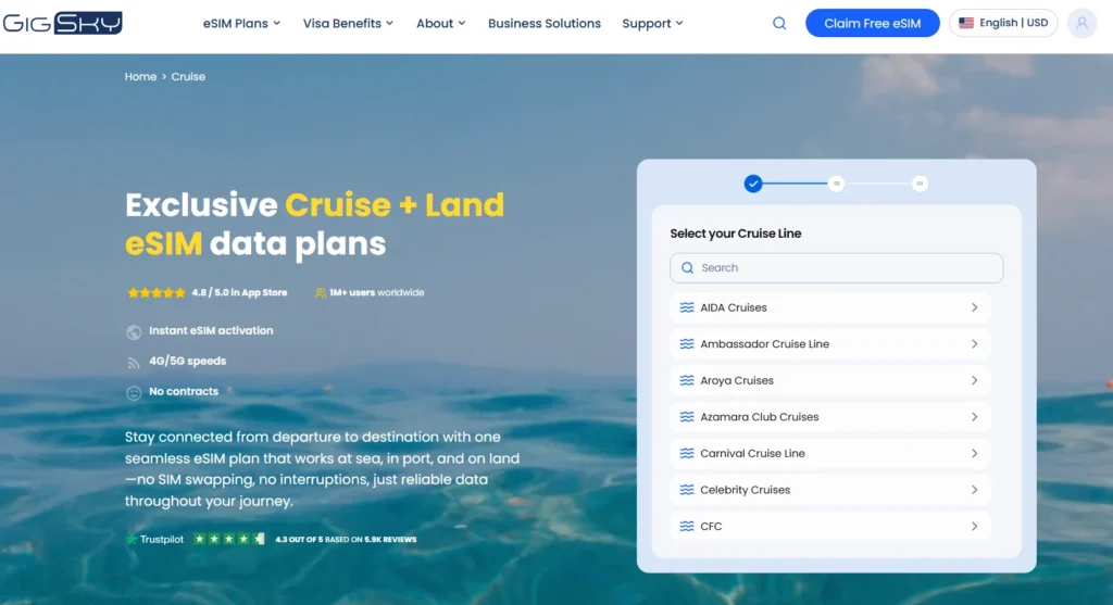 GigSky Cruise + Land eSIM plans