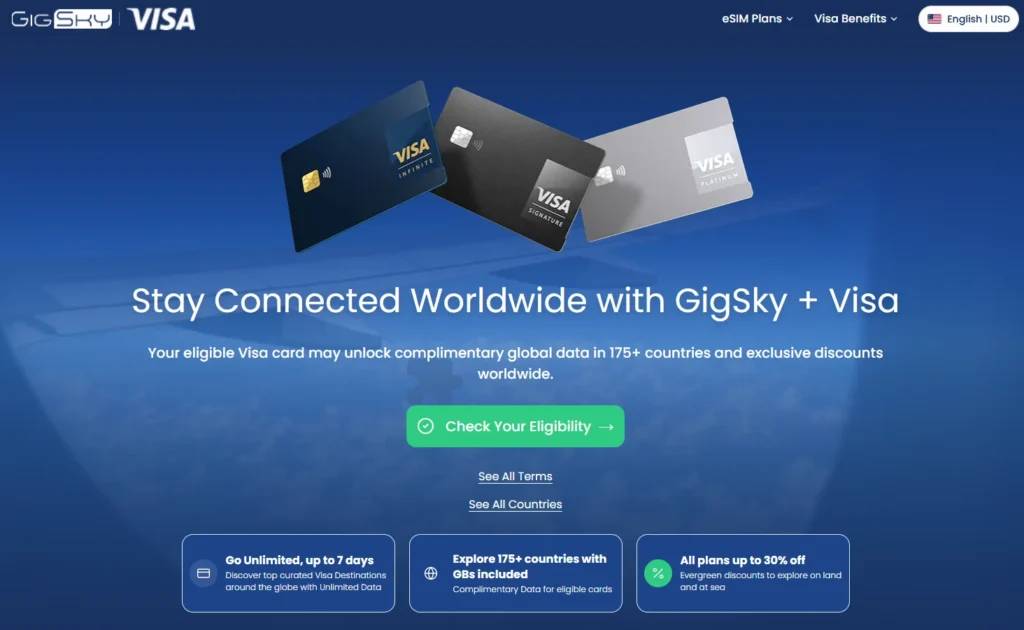 GigSky Visa card benefits for complimentary eSIM data