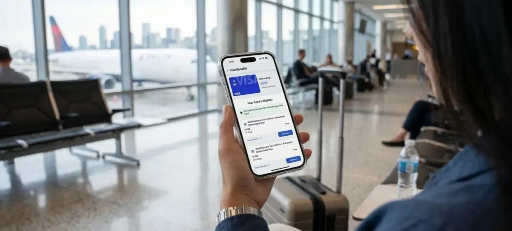 GigSky app showing eligible Visa card benefits