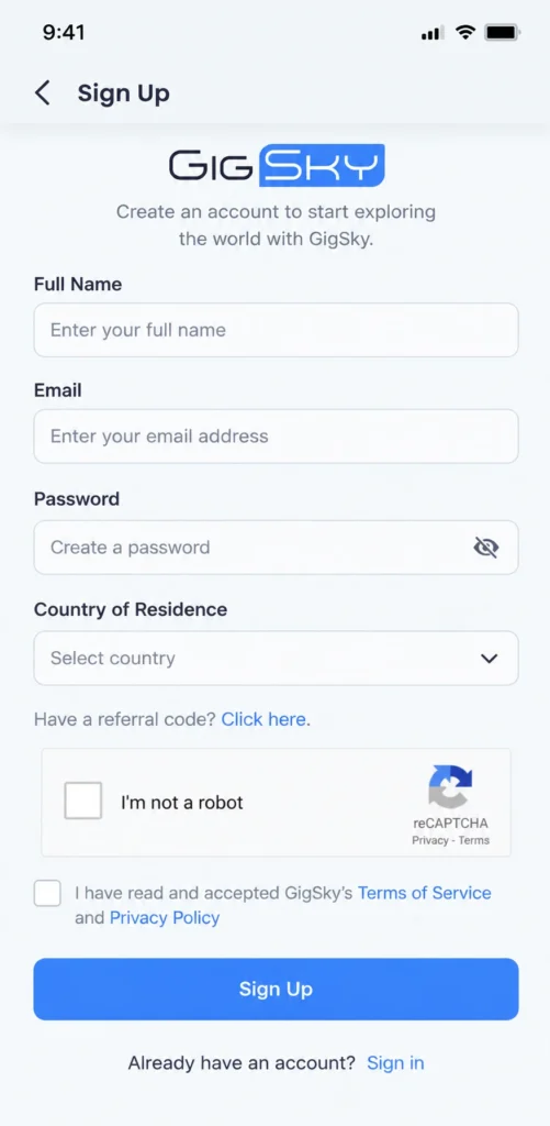 Gigsky Signup Account Creation Setup