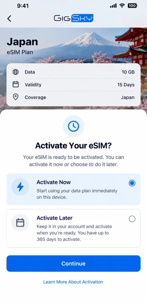 Gigsky eSIM Activate Now or later