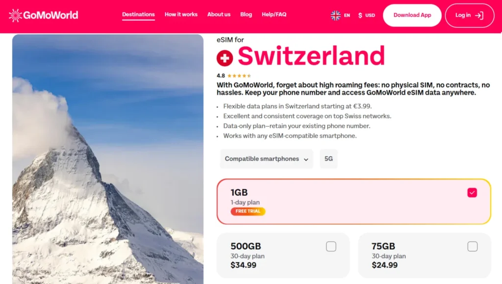 GoMoWorld Switzerland eSIM plans and pricing