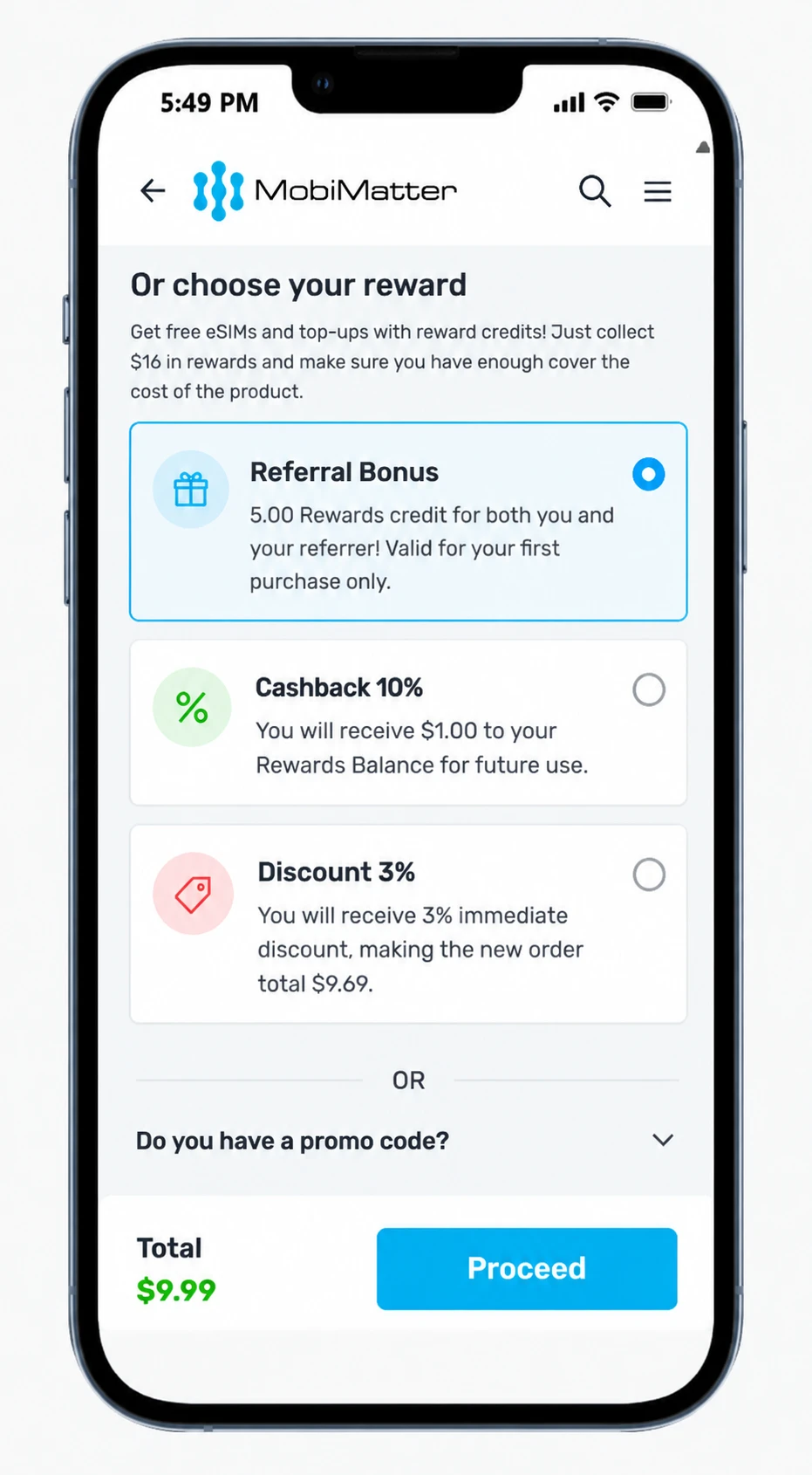 MobiMatter Promo Code: 50% Cashback, and the $16 Catch 9 MobiMatter Reward Options showing referral bonus selection