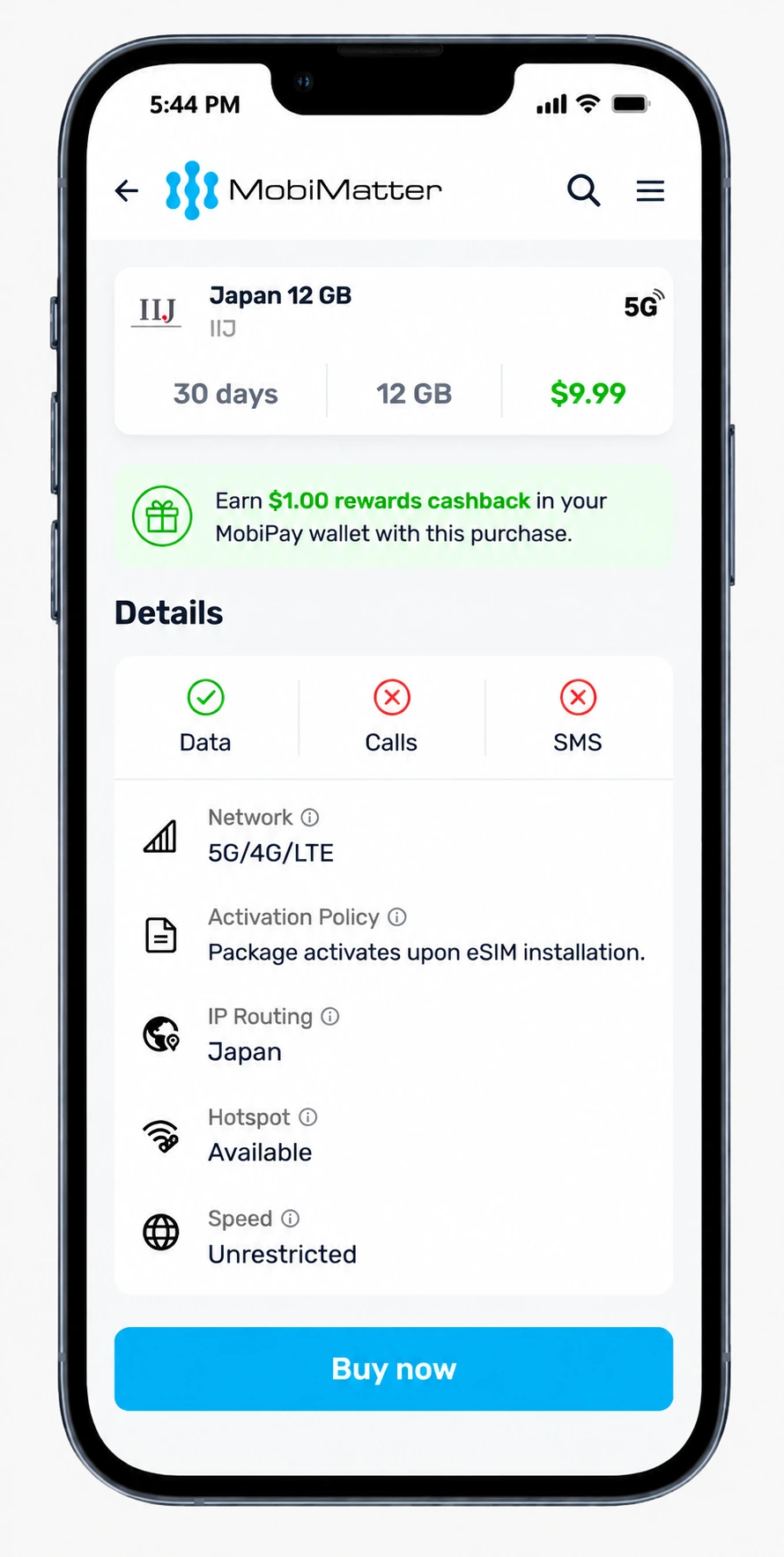 MobiMatter Promo Code: 50% Cashback, and the $16 Catch 8 MobiMatter eSIM plan details showing network, activation policy and data package