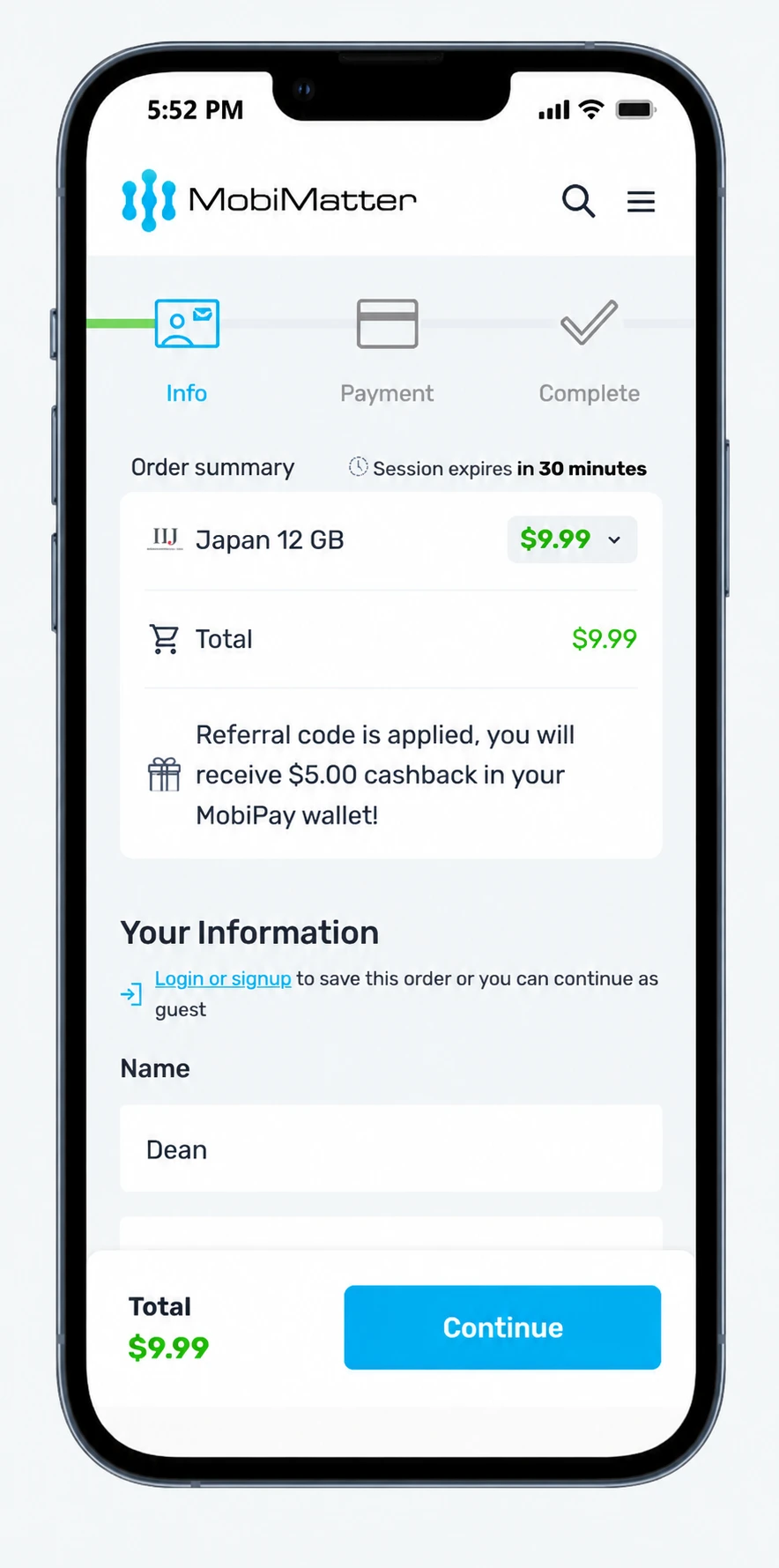 MobiMatter Promo Code: 50% Cashback, and the $16 Catch 11 MobiMatter order summary showing ESIMDUDE cashback applied
