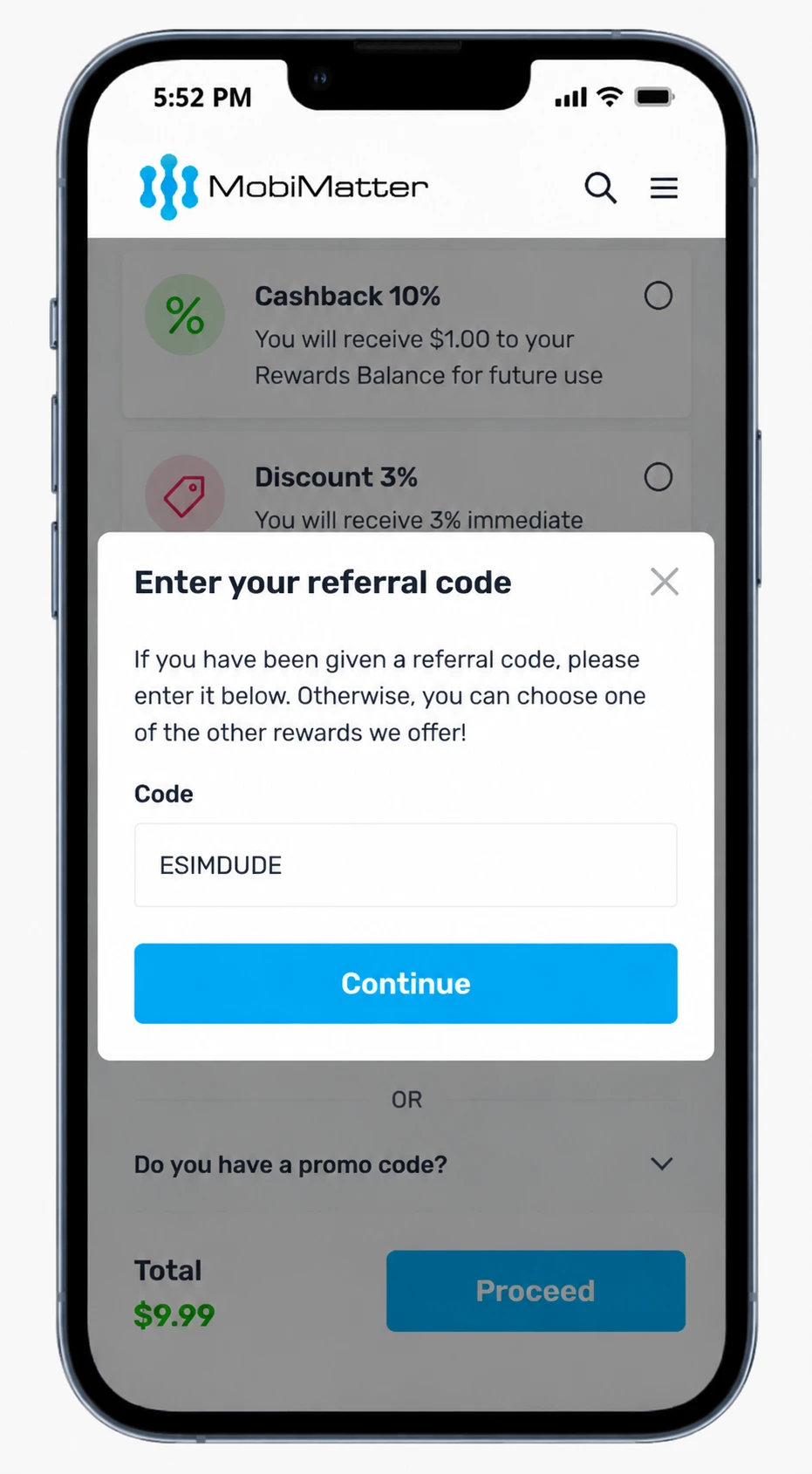 MobiMatter Promo Code: 50% Cashback, and the $16 Catch 10 MobiMatter referral code popup showing ESIMDUDE entry