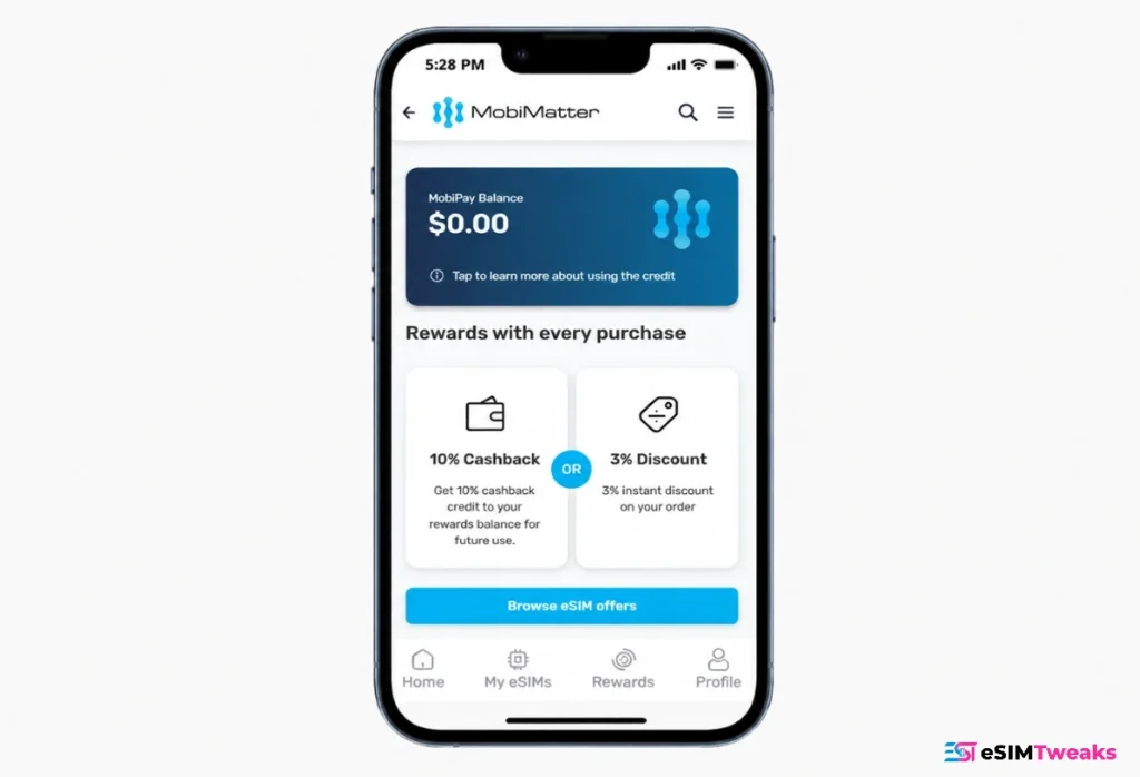 MobiMatter Promo Code: 50% Cashback, and the $16 Catch 6 MobiMatter rewards showing 10% cashback and 3% discount options