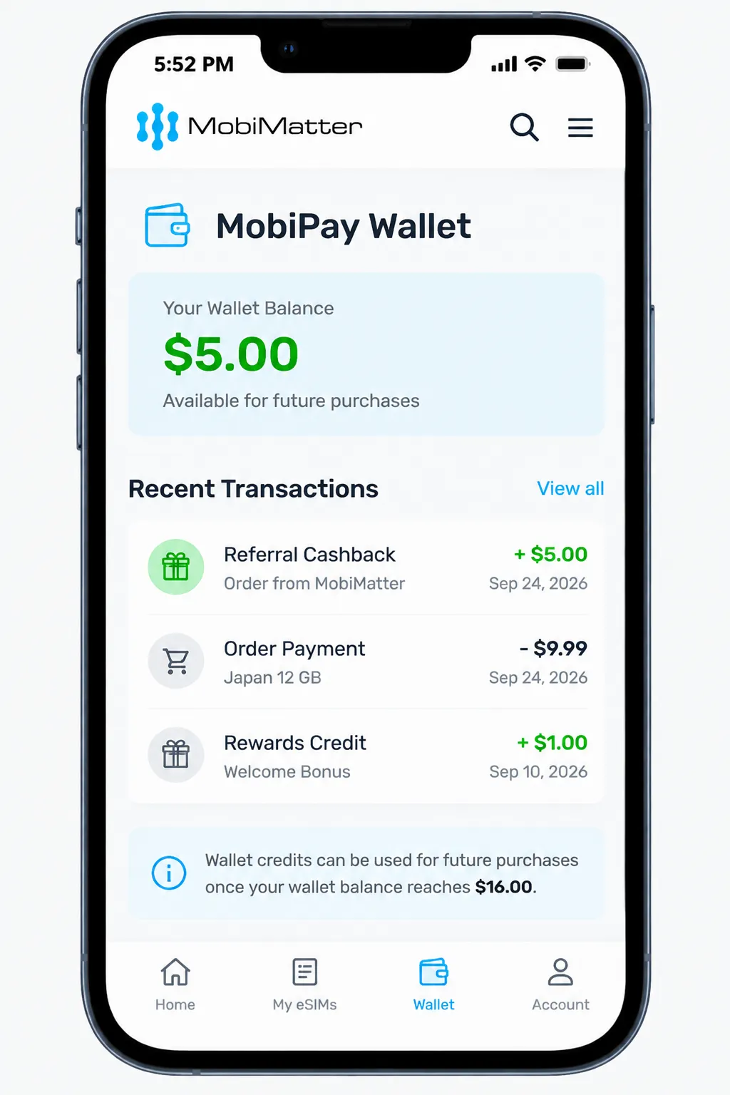 MobiMatter Promo Code: 50% Cashback, and the $16 Catch 12 MobiMatter wallet showing cashback credit balance and rewards