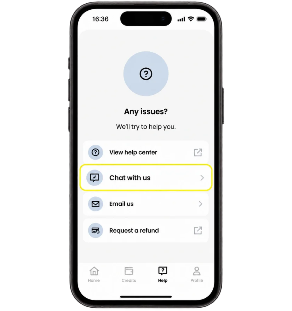 Saily app live chat support screen for eSIM troubleshooting