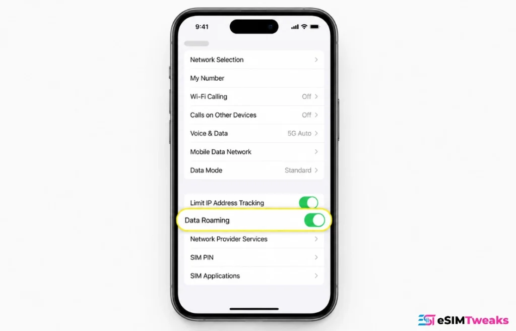 Saily eSIM data roaming enabled on iPhone