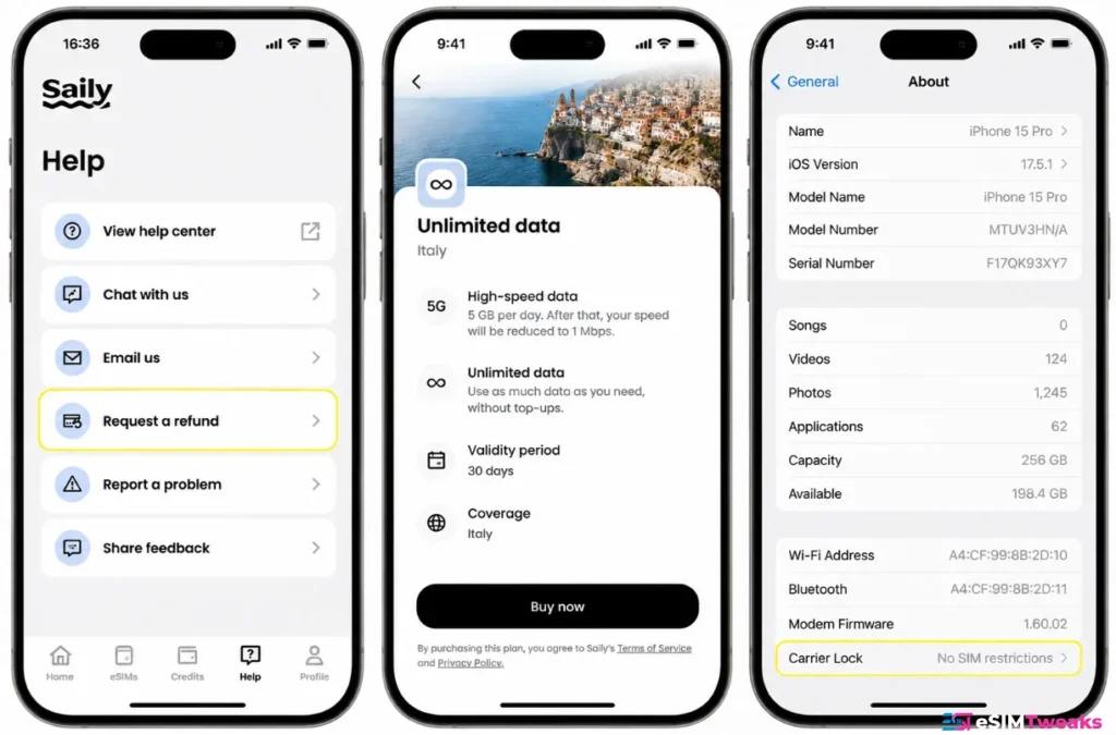 Saily eSIM refund support, unlimited data details and carrier lock settings