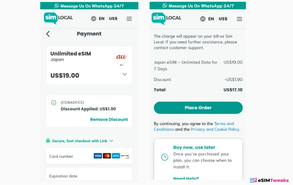 Sim Local Discount Code 2026: 10% Off + 10GB Daily for $2.44 5 Sim Local Japan Unlimited eSIM checkout with ESIMADVICE discount