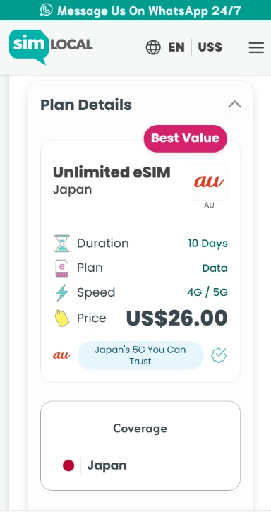 Sim Local Discount Code 2026: 10% Off + 10GB Daily for $2.44 9 Sim Local Japan unlimited eSIM plan selection