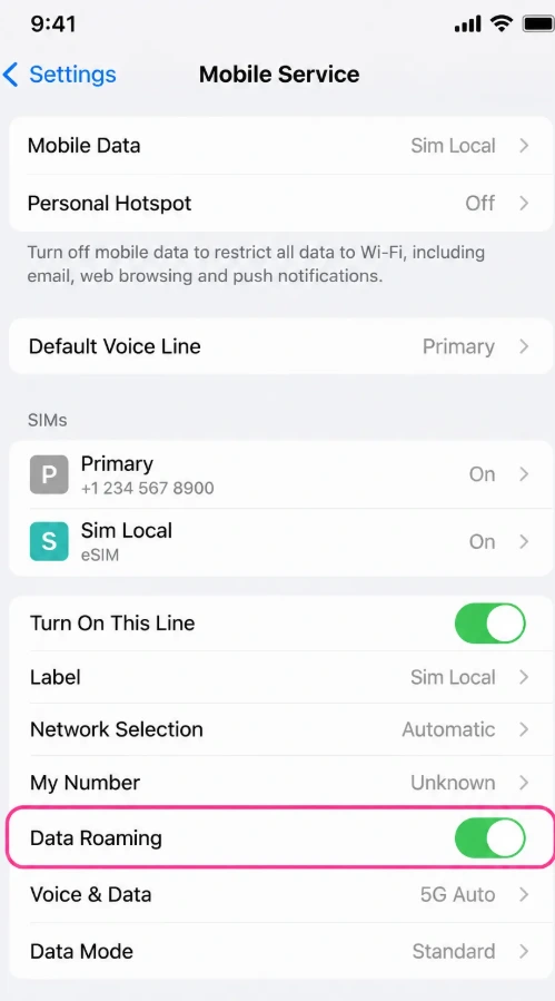 Sim Local Discount Code 2026: 10% Off + 10GB Daily for $2.44 13 Sim Local eSIM data roaming enabled on iPhone settings