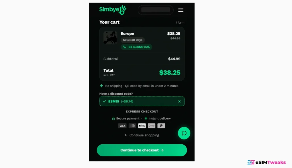 Simbye Coupon Code ESM15: 15% Off Every eSIM Plan 14 Simbye checkout showing Orange Europe 50GB plan with ESM15 discount applied