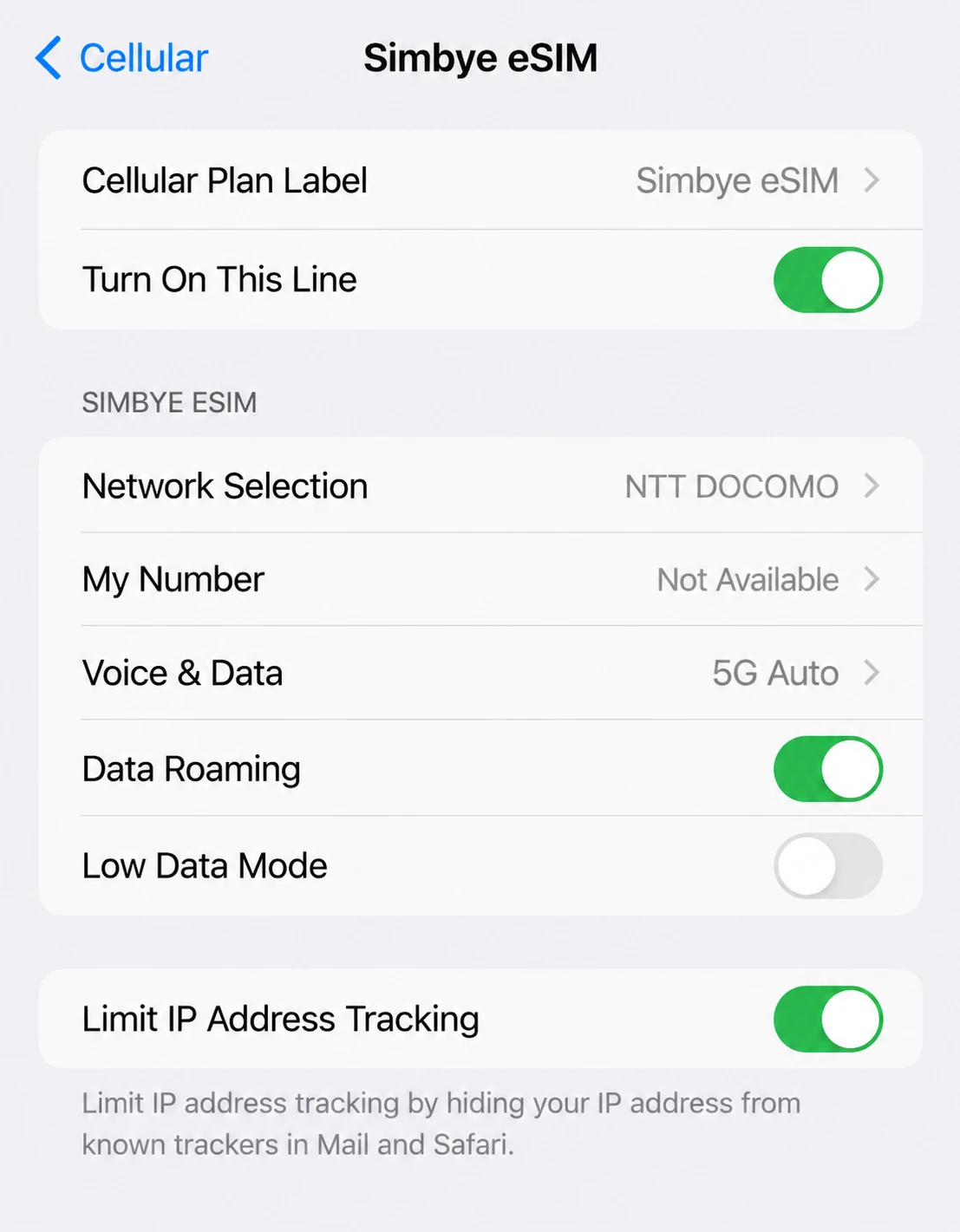 Simbye Coupon Code ESM15: 15% Off Every eSIM Plan 26 Simbye eSIM data roaming enabled on iPhone